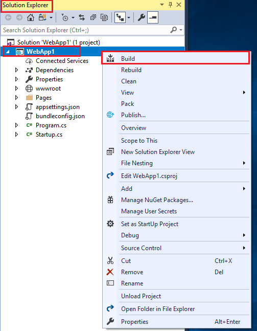 Screenshot of Solution Explorer new Web application right click menu with Build highlighted 
